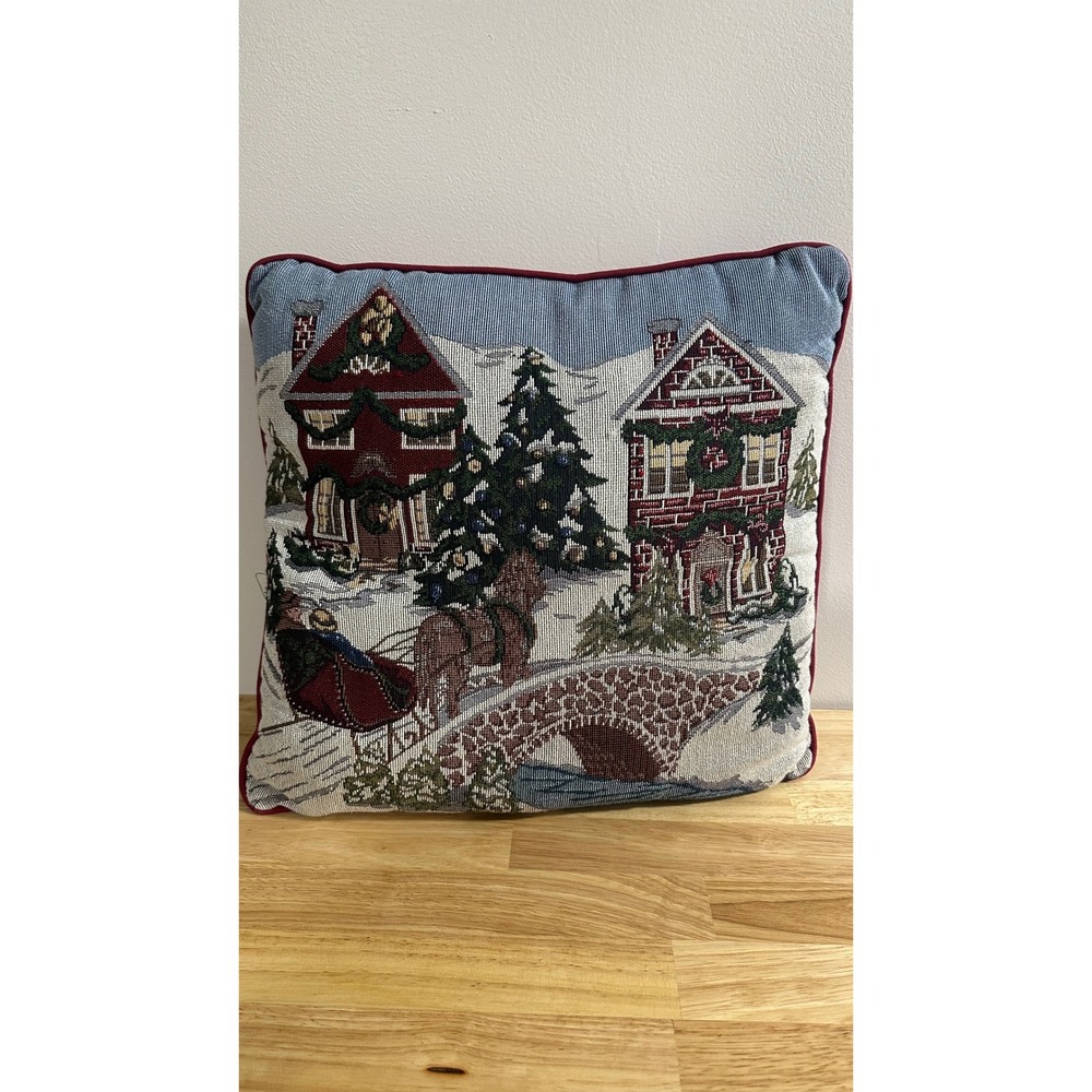Vintage Christmas Tapestry Throw Pillow Winter Village Horse Sleigh Woven Decor